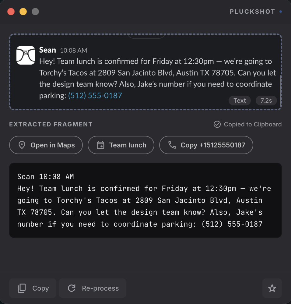 PluckShot capturing a Slack message and detecting Smart Actions — Open in Maps, Add to Calendar, Copy phone number