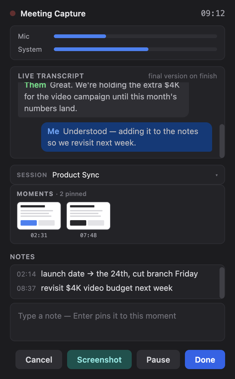 PluckShot Meeting Capture window showing a live Me/Them transcript, pinned screenshot moments, and timestamped notes