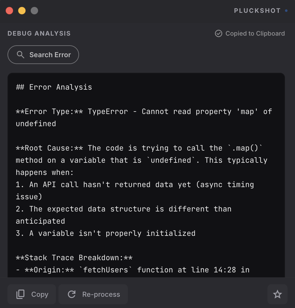 PluckShot identifying the root cause and suggesting a fix for the TypeError