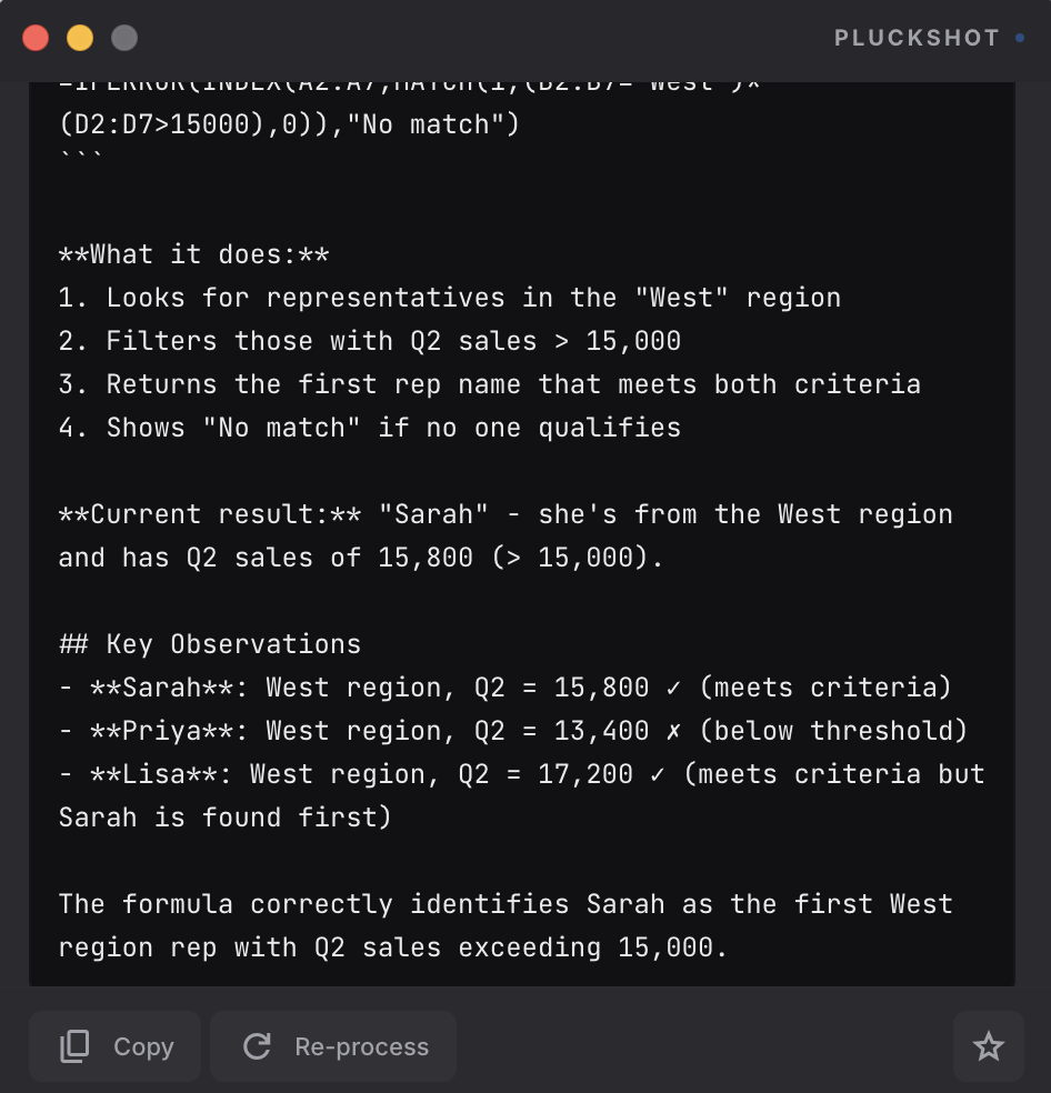 PluckShot explaining the spreadsheet formula in plain language