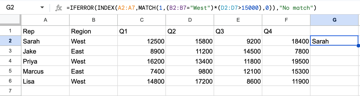 Google Sheets spreadsheet with a complex IFERROR INDEX MATCH formula