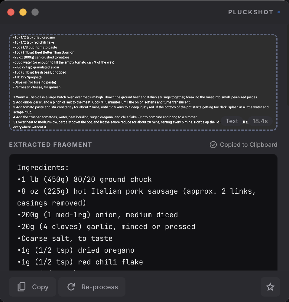 PluckShot extracted ingredients list from the YouTube video