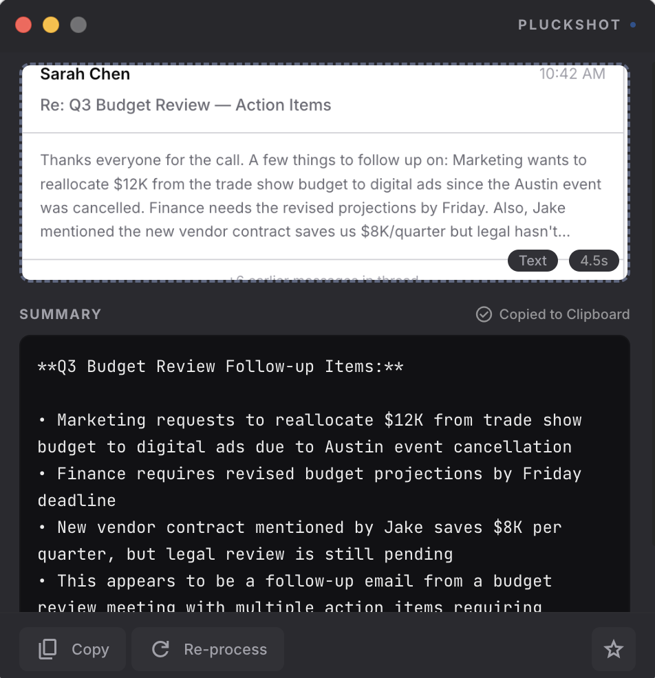 PluckShot summarizing the email thread with action items and key numbers