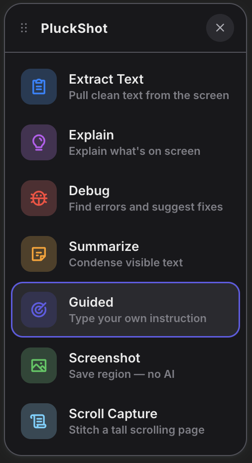 PluckShot Floating Bubble expanded to show all capture modes