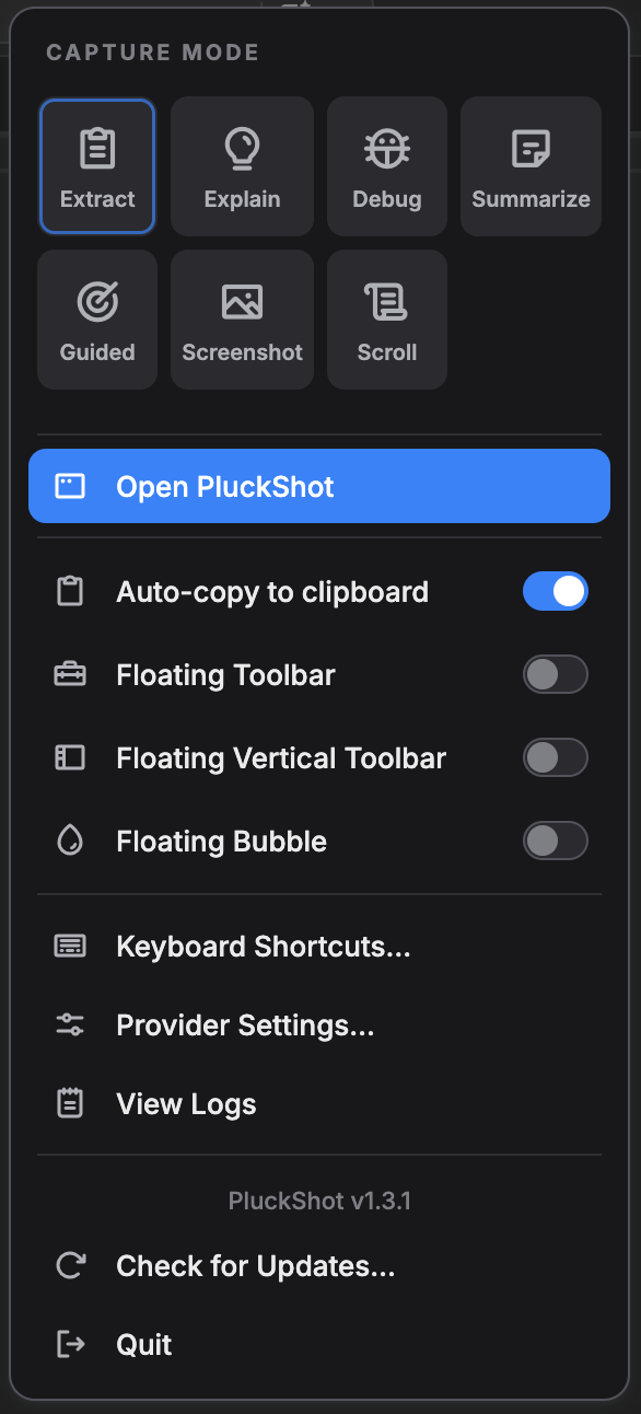 PluckShot Tray Popover menu with mode grid and toggles