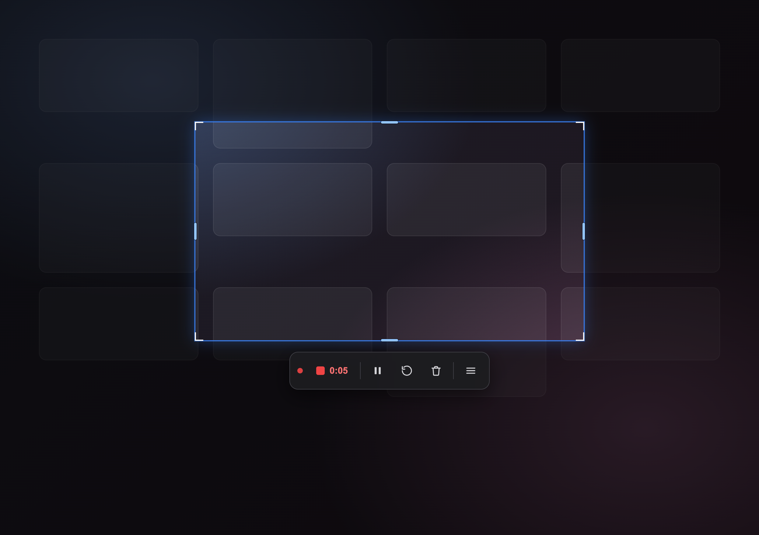 PluckShot recording a region of the screen, with a glowing selection frame and a floating control bar showing a live timer, pause, restart, and discard