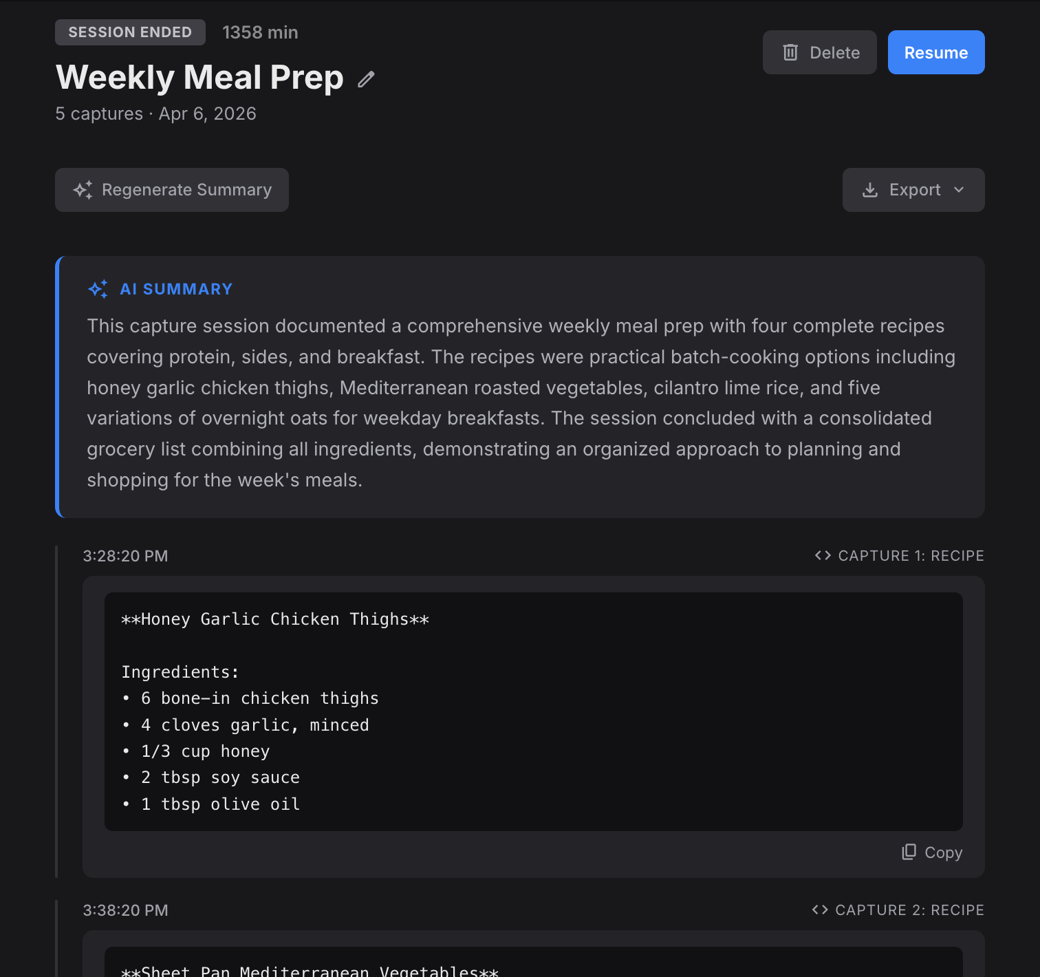 PluckShot session detail view with AI summary and captured recipes