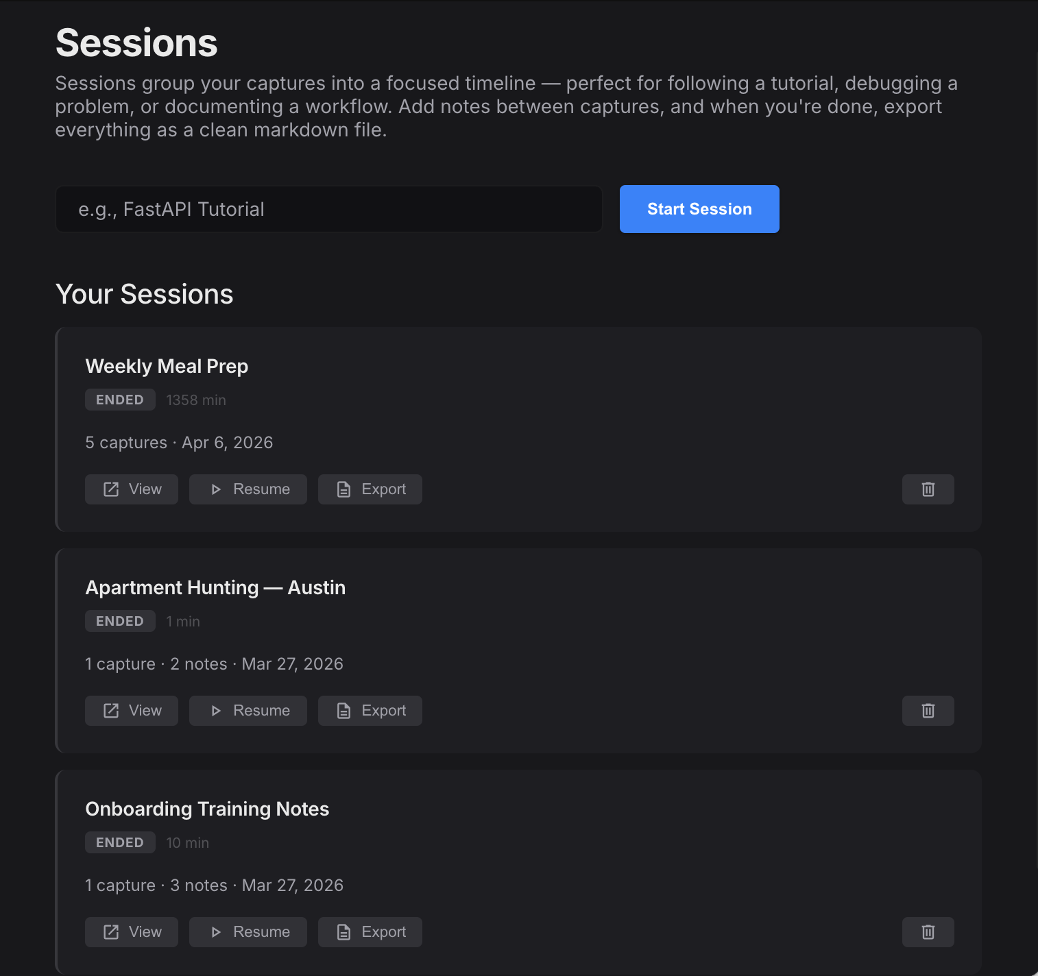 PluckShot session list showing Weekly Meal Prep, Q3 Budget Review, and API Migration Research sessions