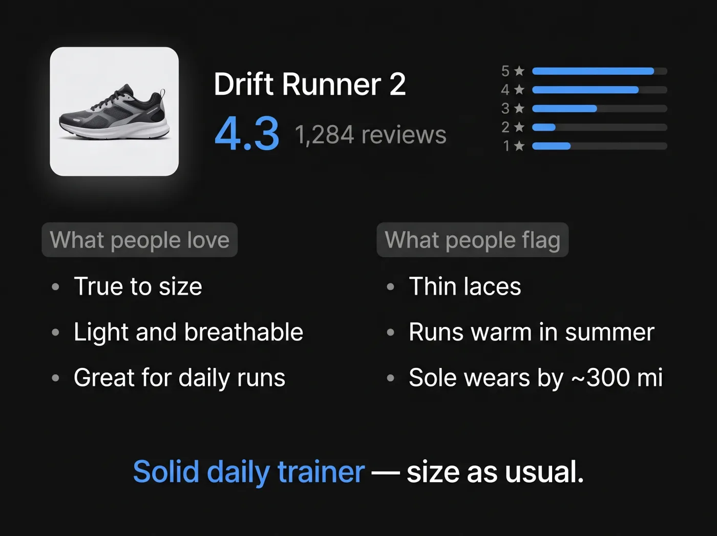 Dark-mode review summary for a running shoe showing rating, what people love, what they flag, and a verdict