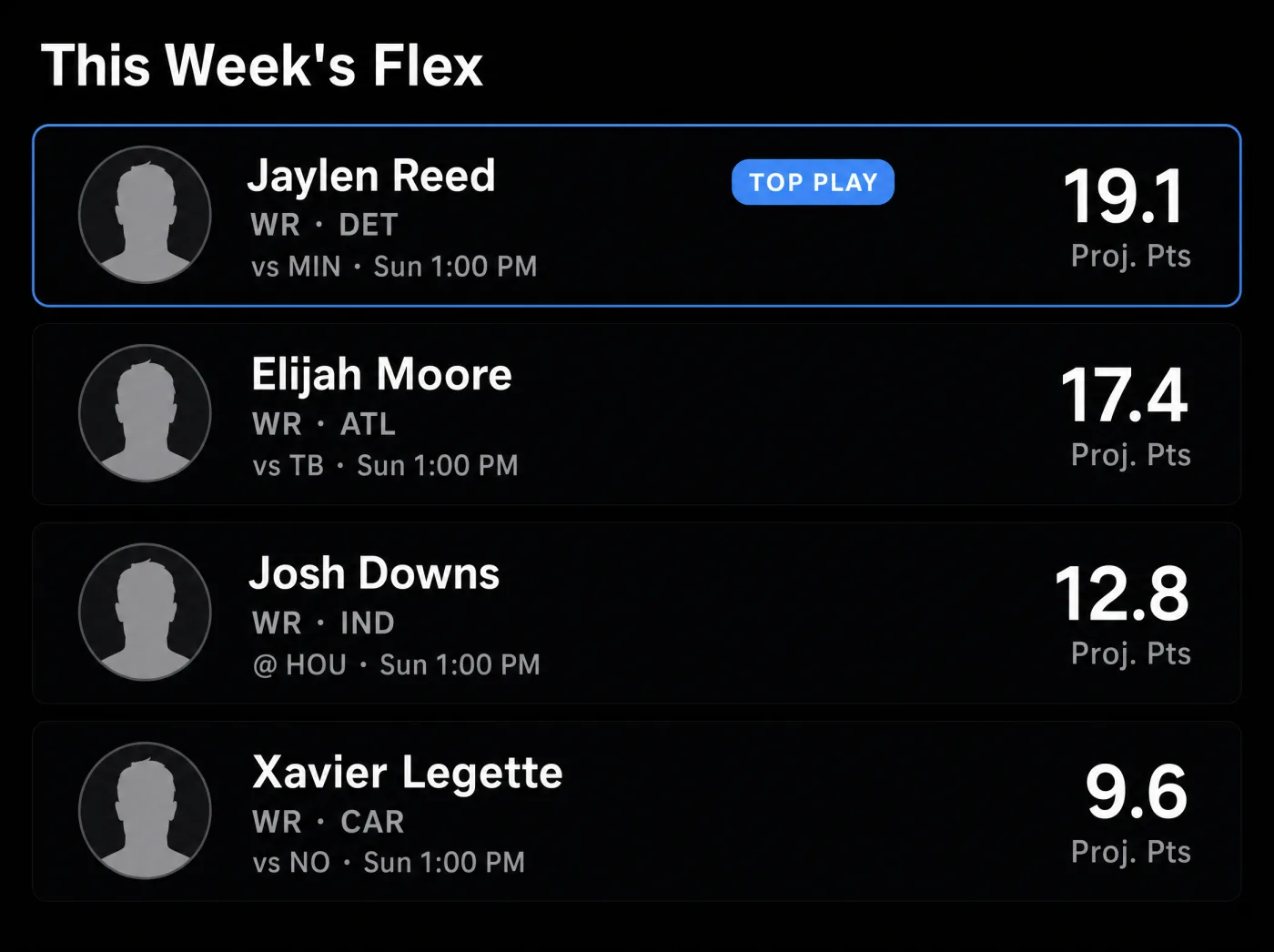 Fantasy football start/sit screen ranking four flex players by projected points, the top option flagged